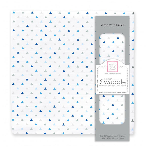 Muslin Swaddle Single - Tiny Triangles Shimmer - Blues with a Touch of Silver Shimmer