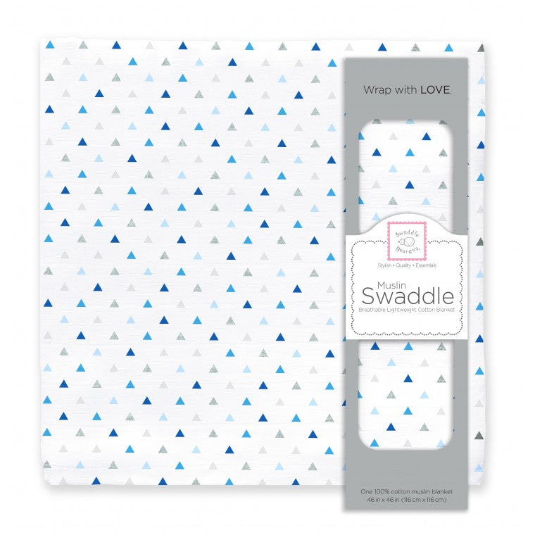 Muslin Swaddle Single - Tiny Triangles Shimmer - Blues with a Touch of Silver Shimmer