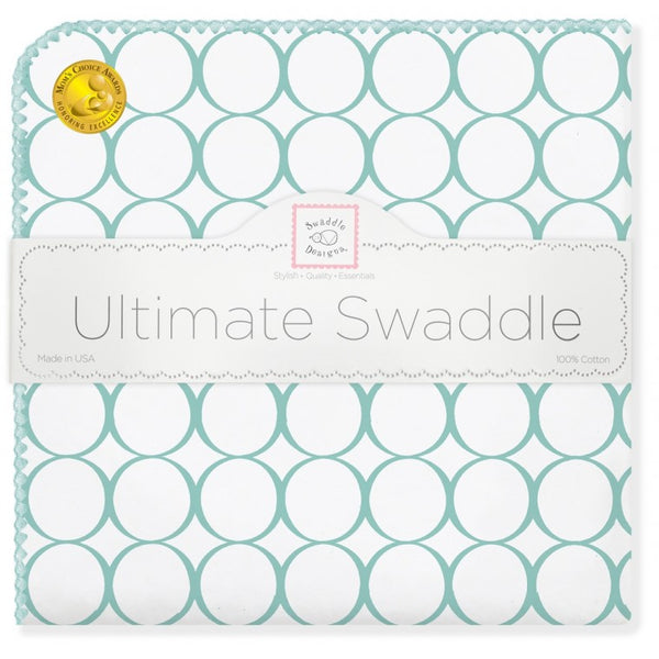 Ultimate Swaddle Blanket - Mod Circles on White, SeaCrystal